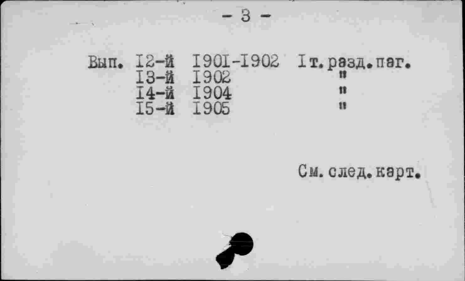 ﻿	- 3 -	
Вып. 12-й	1901-1902	Іт.разд.паг
13-й	1902	и
14-й	1904	и
15-й	1905	п
См. след, карт